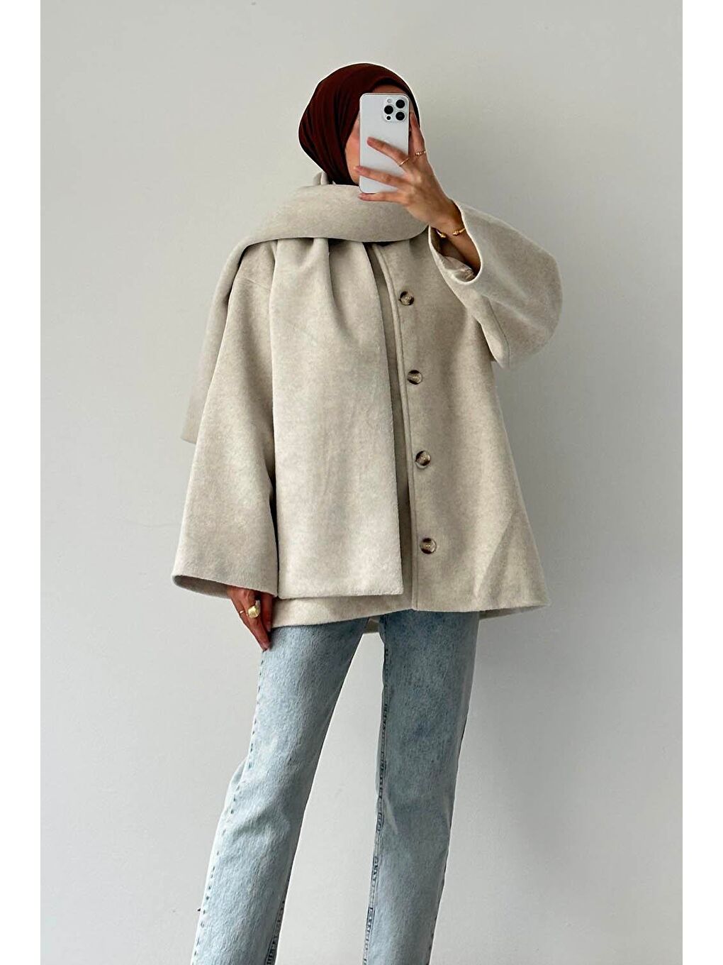 Bej Şal Yaka Kaşe Kaban Taş-3