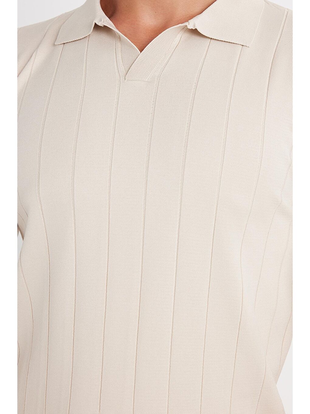 Bej Erkek Slim Fit Dar Kesim Uzun Kol Polo Yaka Çizgili Taş Kazak-2