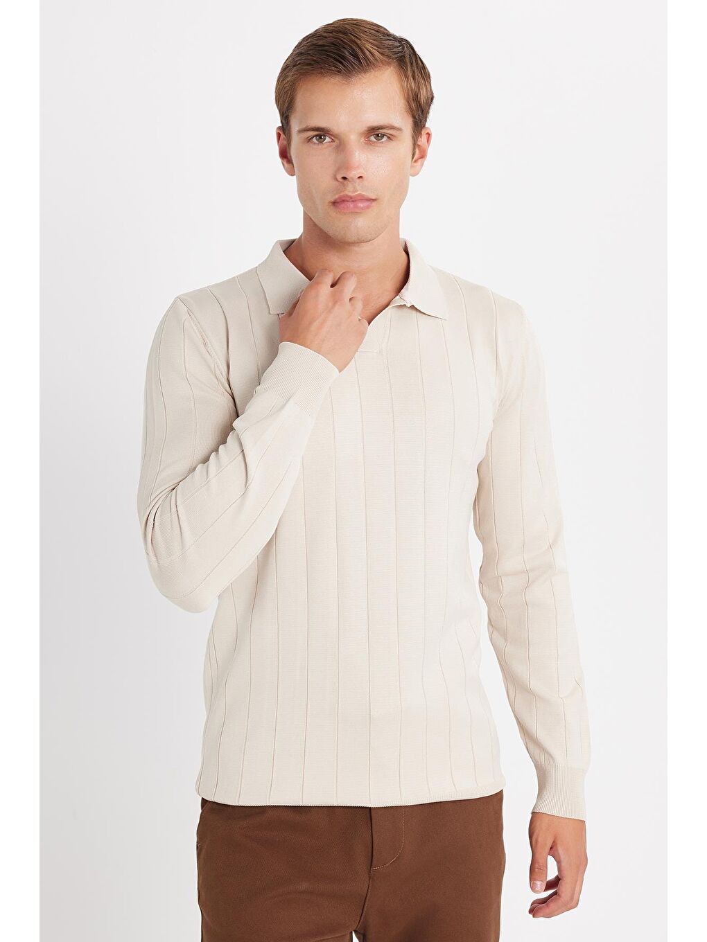 Bej Erkek Slim Fit Dar Kesim Uzun Kol Polo Yaka Çizgili Taş Kazak-3