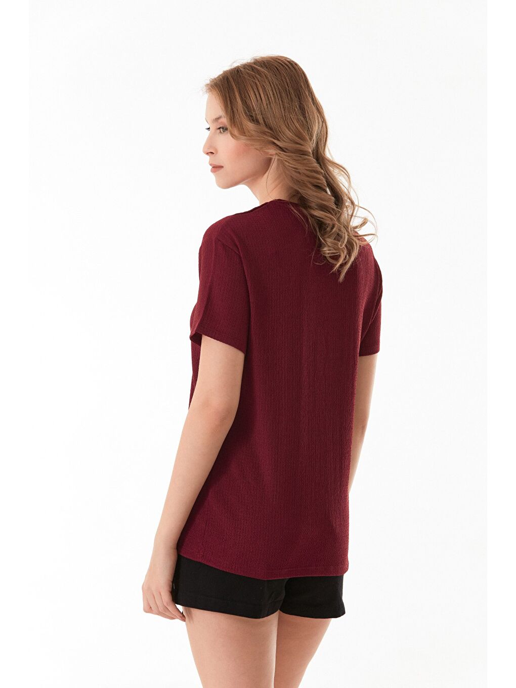 Bordo Basic Bürümcük Kumaş Tişört-2