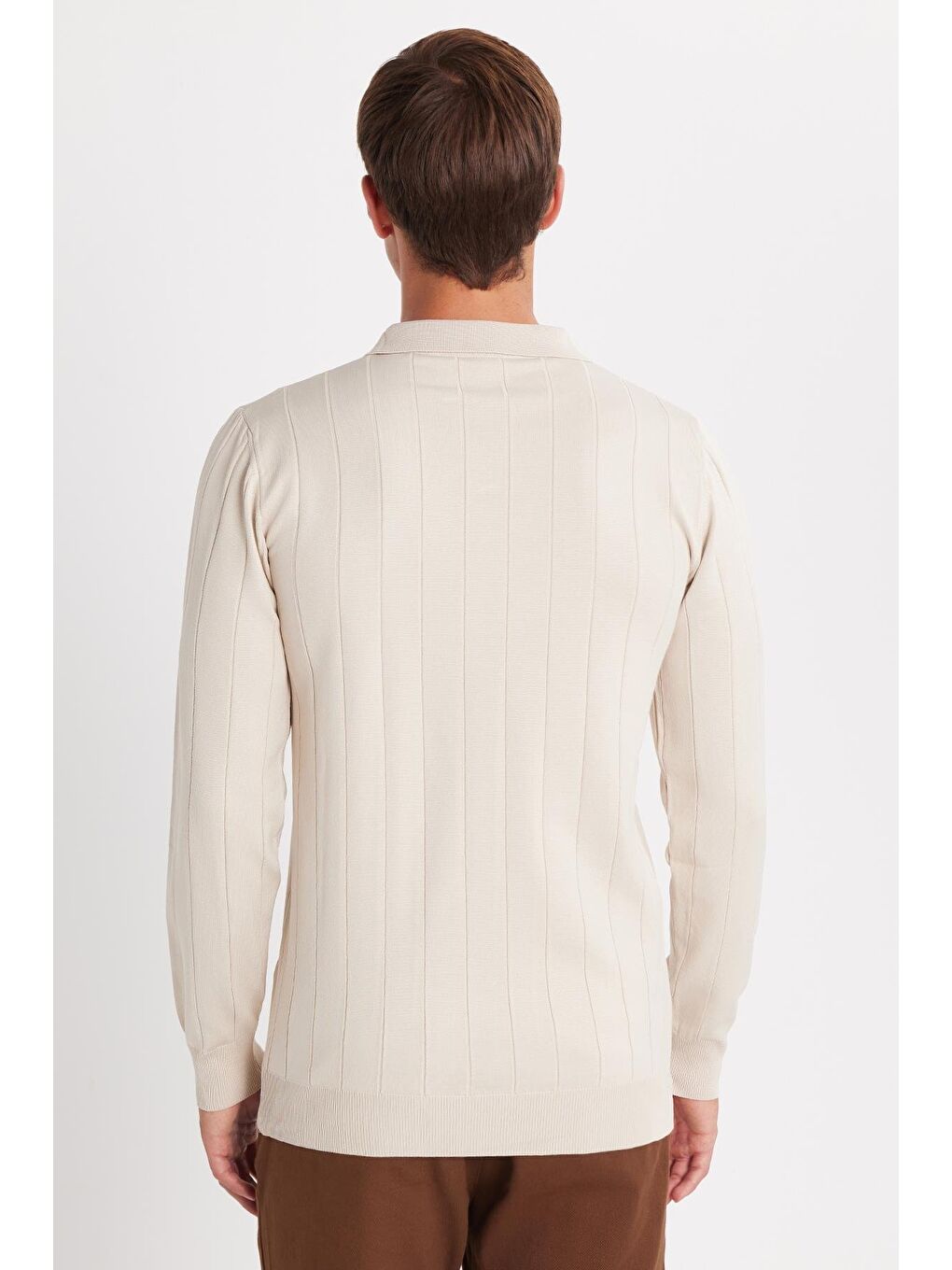 Bej Erkek Slim Fit Dar Kesim Uzun Kol Polo Yaka Çizgili Taş Kazak-4