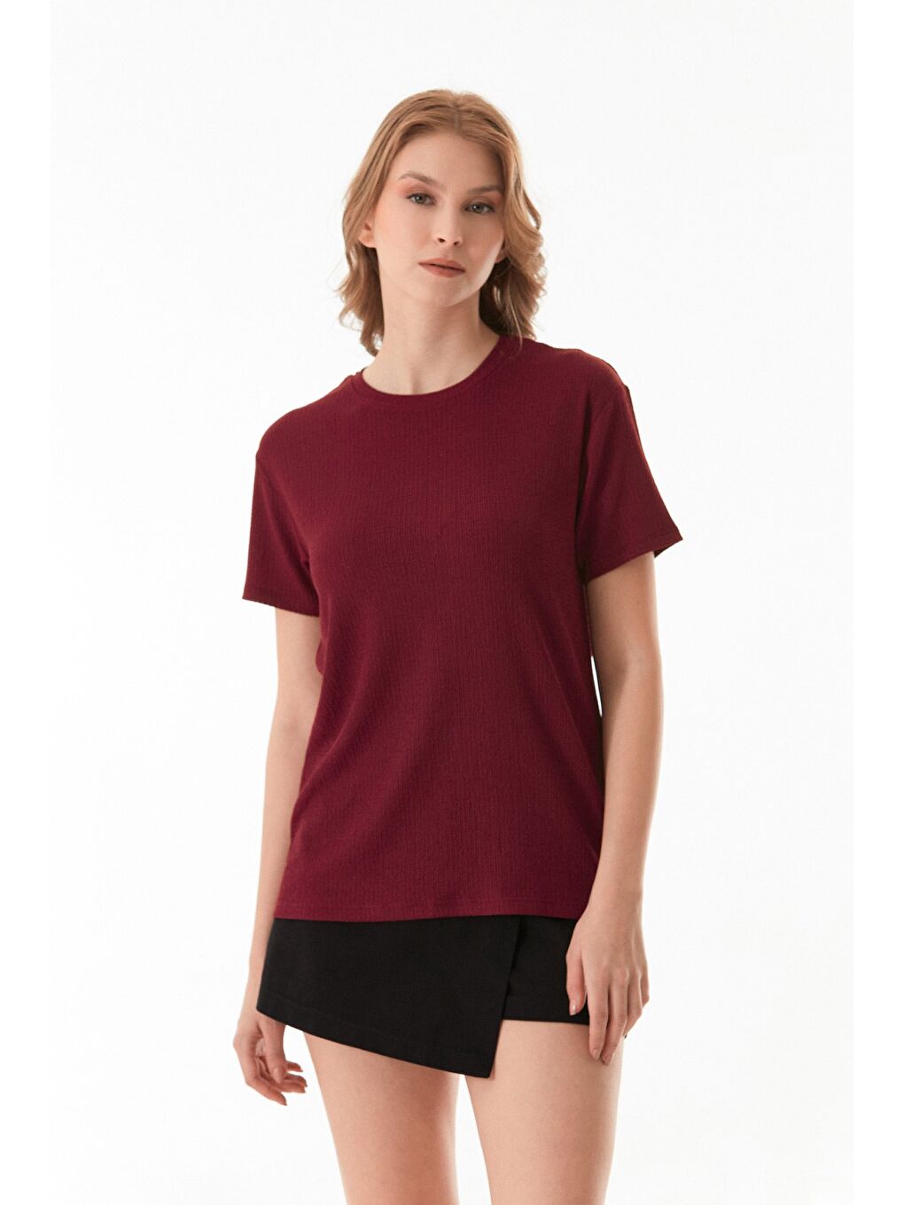 Bordo Basic Bürümcük Kumaş Tişört-3