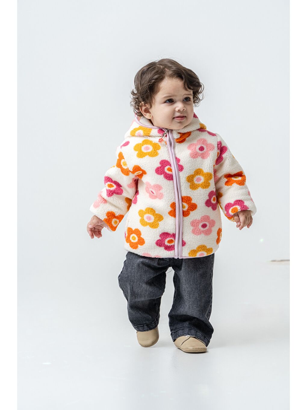 Karışık Çocuk Pamuklu Çiçek Desenli Kapüşonlu Fermuarlı Mont - Renkli Polar Dış Giyim