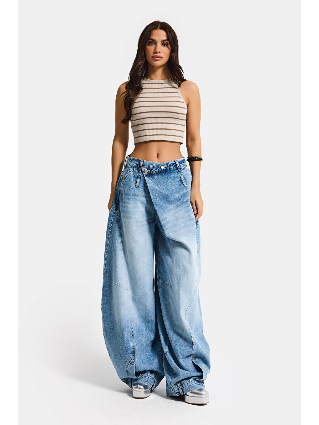 Kadın Mavi 4s6-3 Süper Baggy Fit Kemer Detaylı Özel Tasarım Denim Jean-6