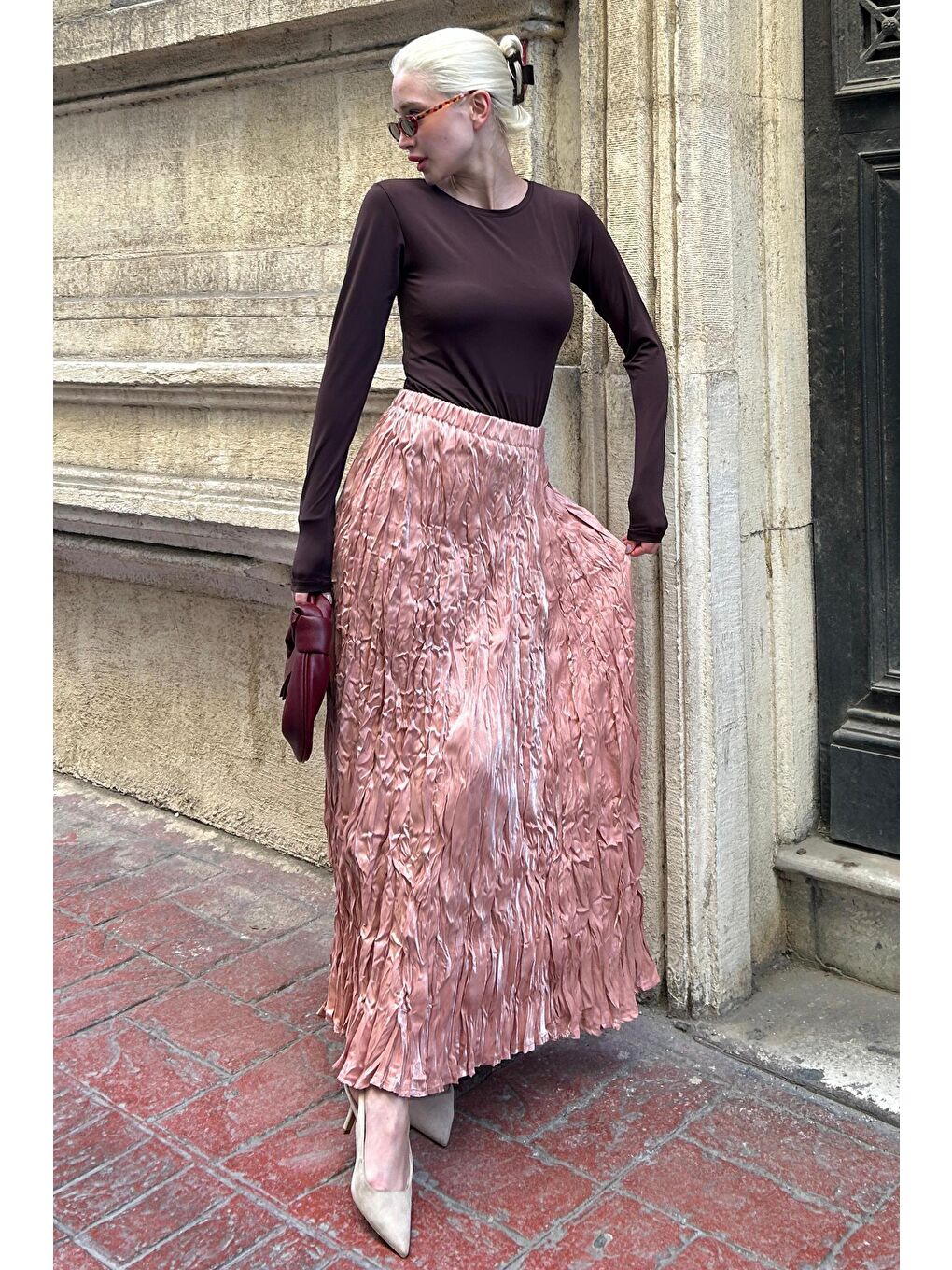 Parlak Lila Kırışık Desen Kadın Etek Mg2290-1