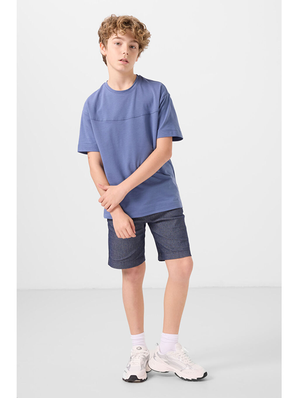 Koyu Mavi Jean Lacivert Pamuklu Oversize Fit Dokuma Hafif Esnek Chino Erkek Çocuk Şort Takım   11279