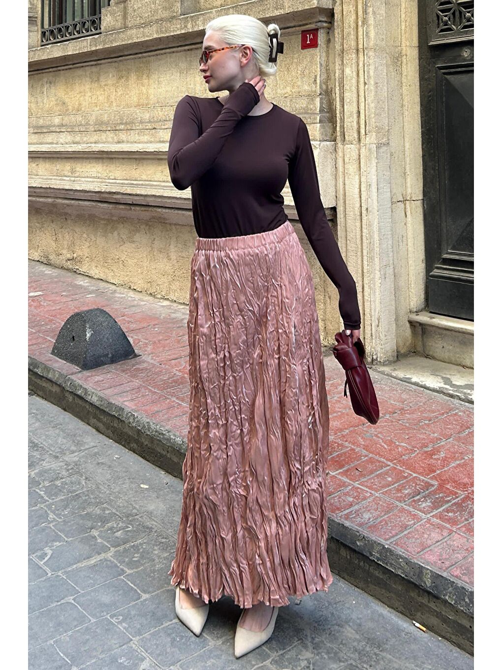 Parlak Lila Kırışık Desen Kadın Etek Mg2290-2