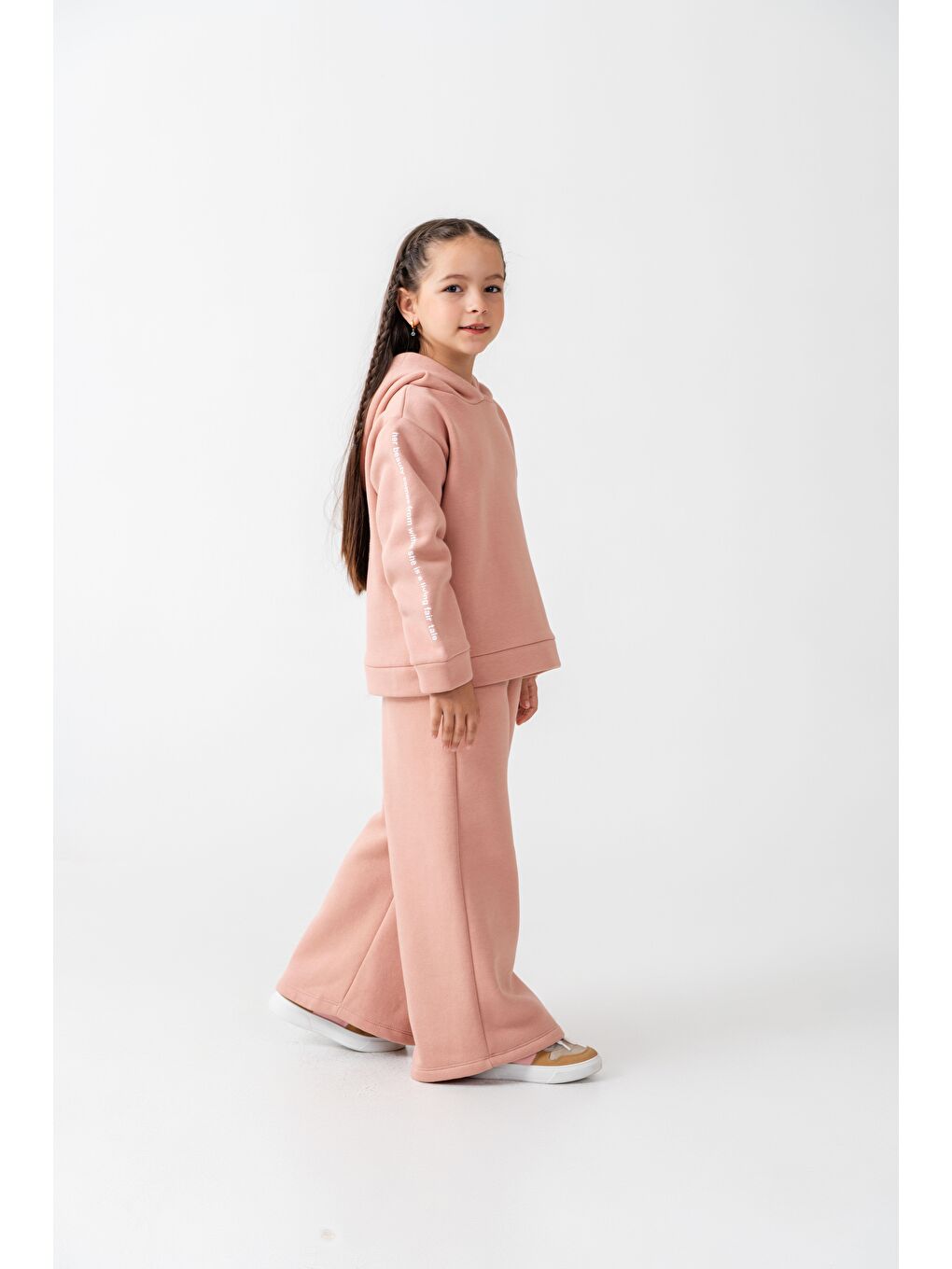 Pembe Kız Çocuk Pamuklu Pudra Kapüşonlu Sweatshirt Ve Bol Paça Eşofman Takım-3