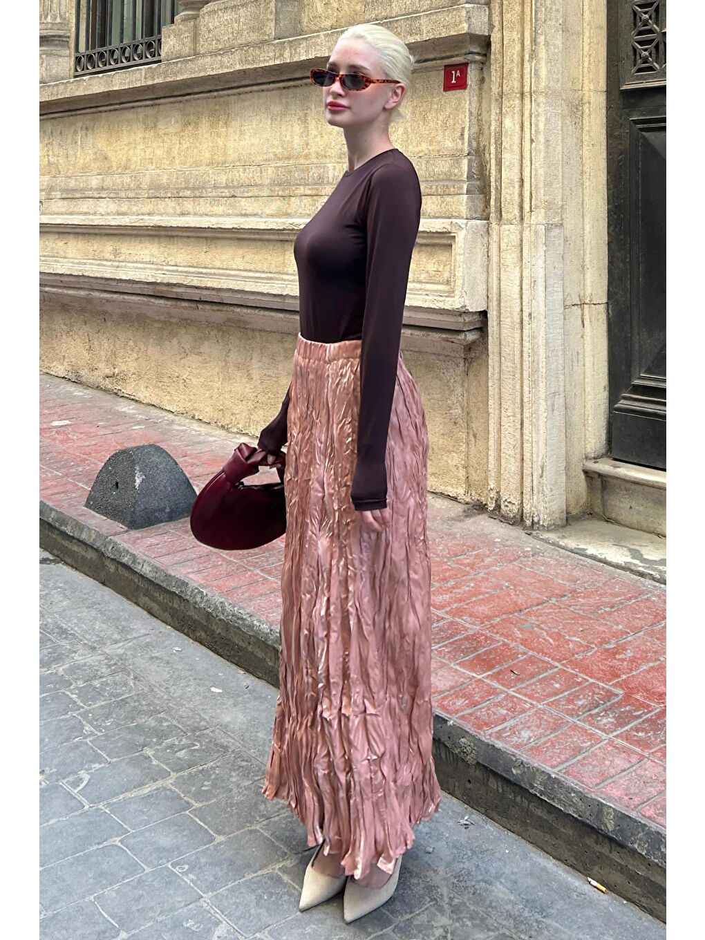 Parlak Lila Kırışık Desen Kadın Etek Mg2290-3