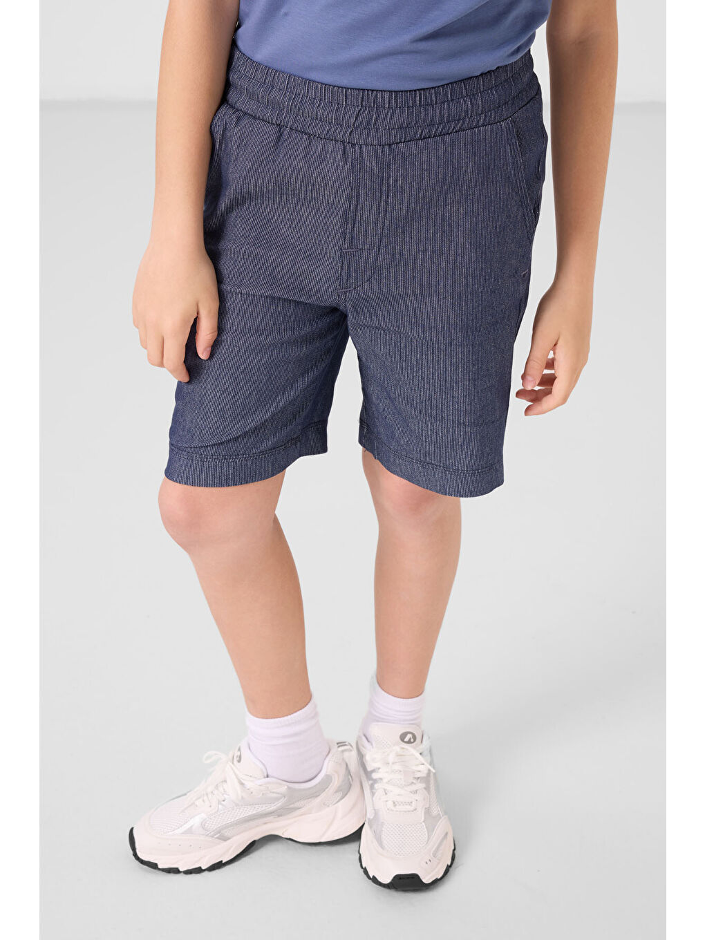 Koyu Mavi Jean Lacivert Pamuklu Oversize Fit Dokuma Hafif Esnek Chino Erkek Çocuk Şort Takım   11279-1