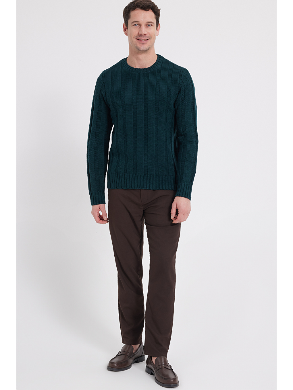 Erkek Standart Fit Normal Kesim Bisiklet Yaka Desenli Yeşil Kazak-1