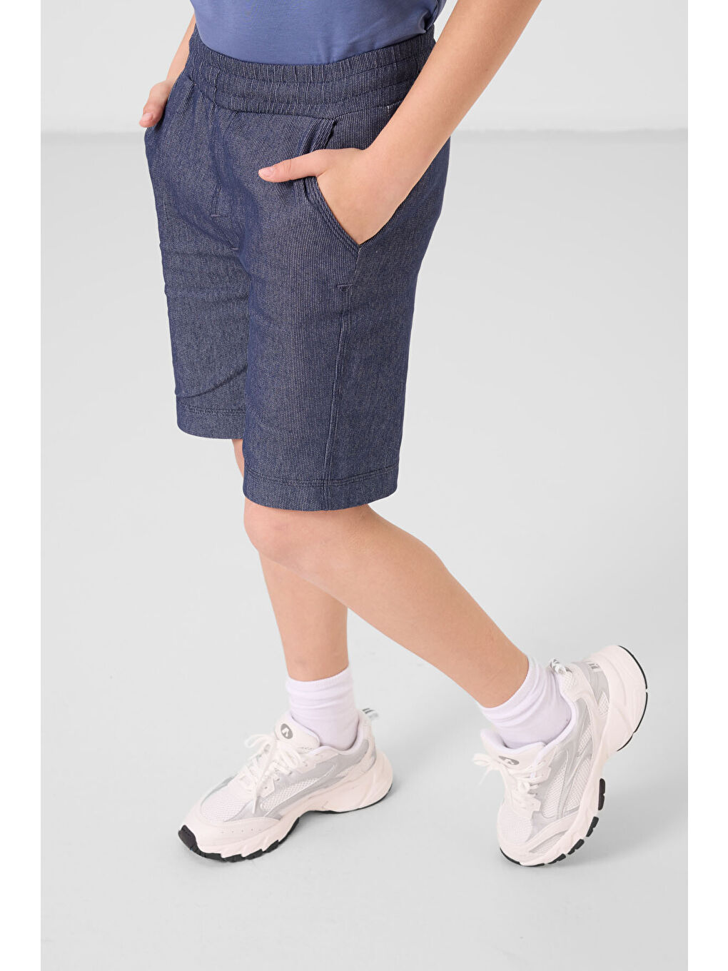 Koyu Mavi Jean Lacivert Pamuklu Oversize Fit Dokuma Hafif Esnek Chino Erkek Çocuk Şort Takım   11279-2