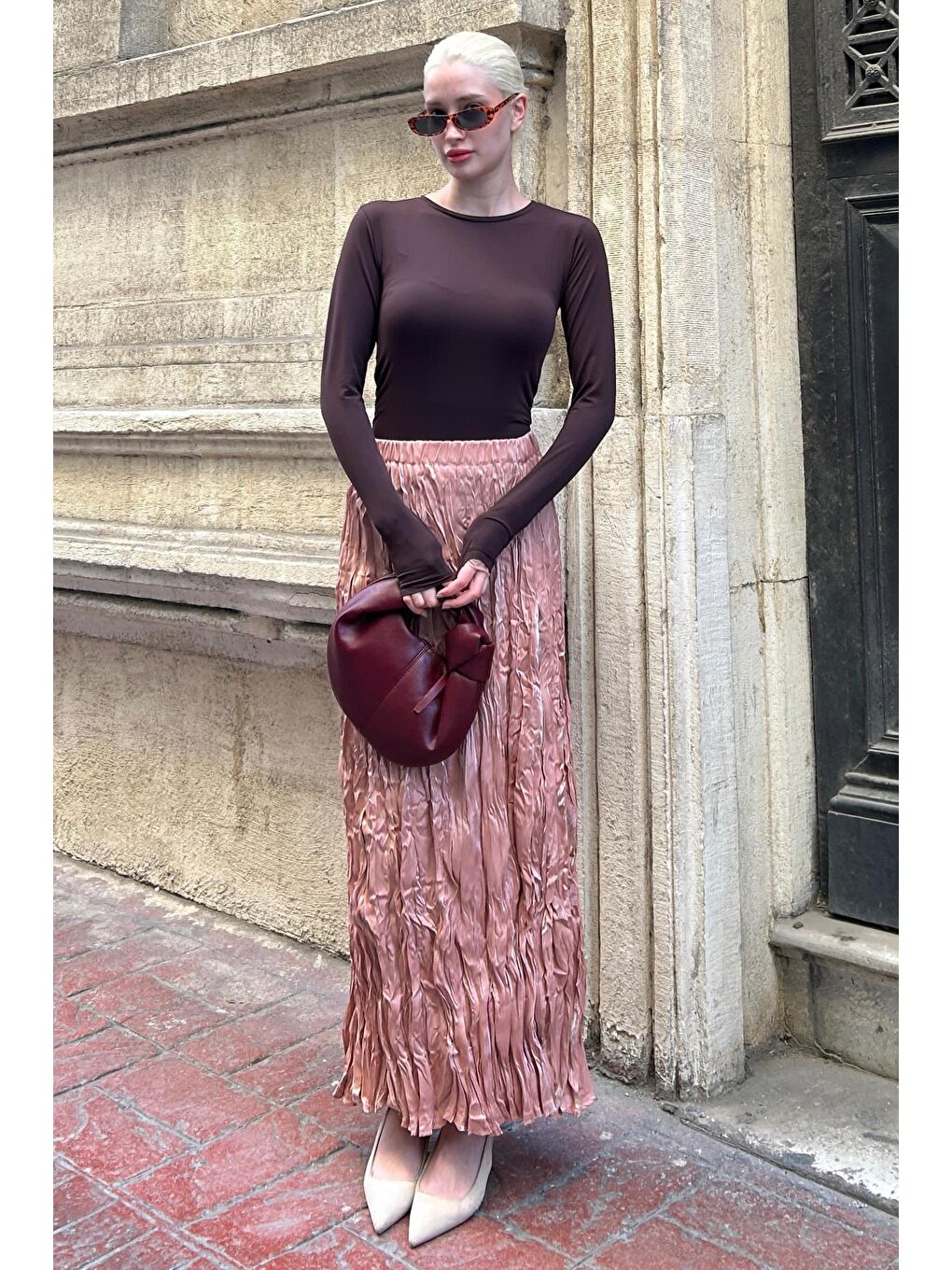 Parlak Lila Kırışık Desen Kadın Etek Mg2290-4