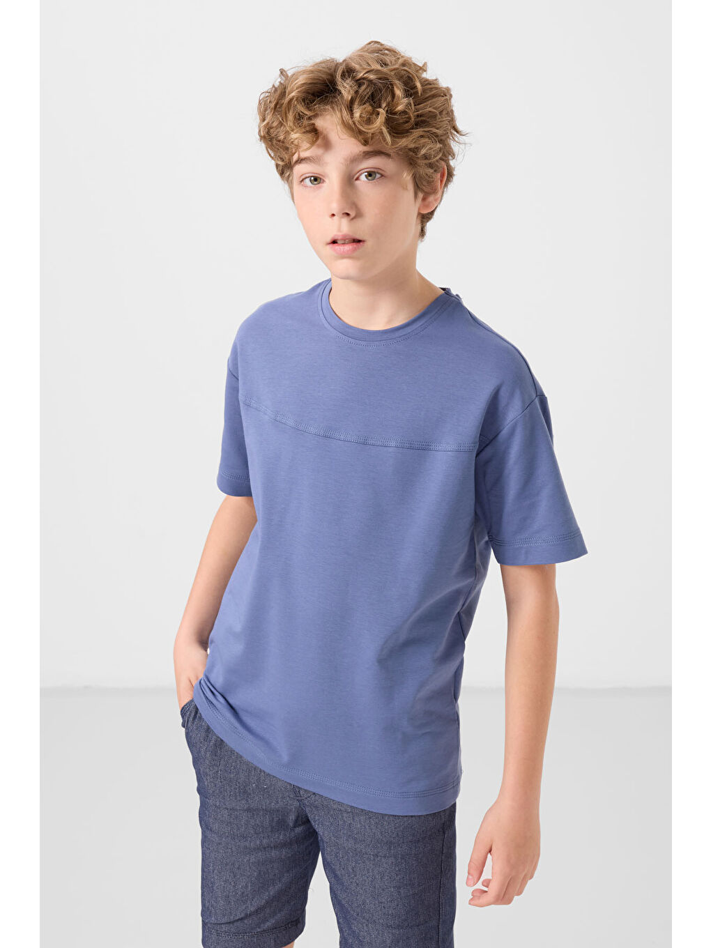 Koyu Mavi Jean Lacivert Pamuklu Oversize Fit Dokuma Hafif Esnek Chino Erkek Çocuk Şort Takım   11279-3