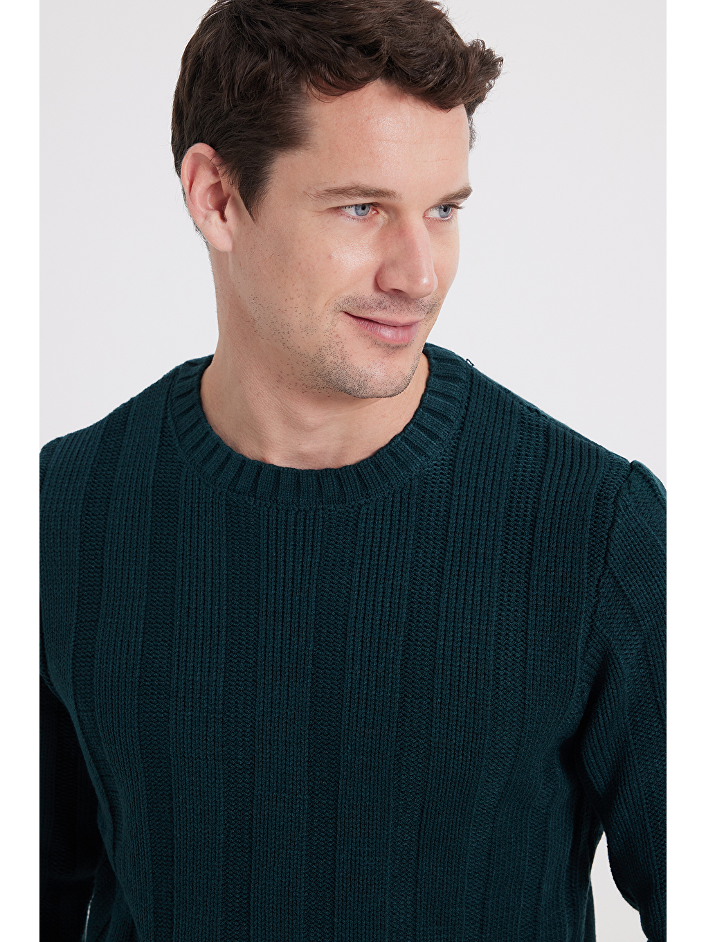 Erkek Standart Fit Normal Kesim Bisiklet Yaka Desenli Yeşil Kazak-2