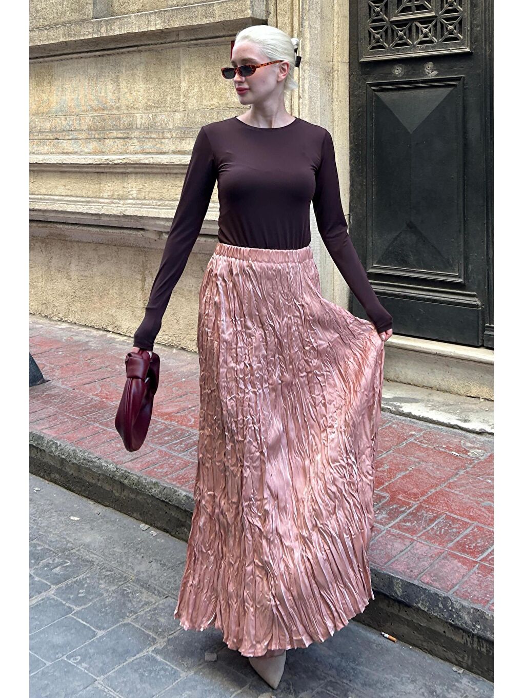 Parlak Lila Kırışık Desen Kadın Etek Mg2290-5