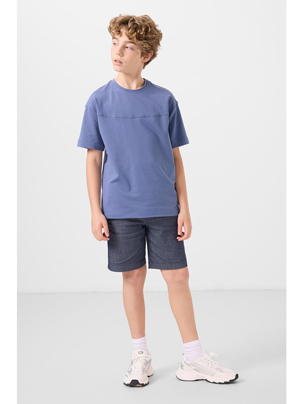 Koyu Mavi Jean Lacivert Pamuklu Oversize Fit Dokuma Hafif Esnek Chino Erkek Çocuk Şort Takım   11279-4