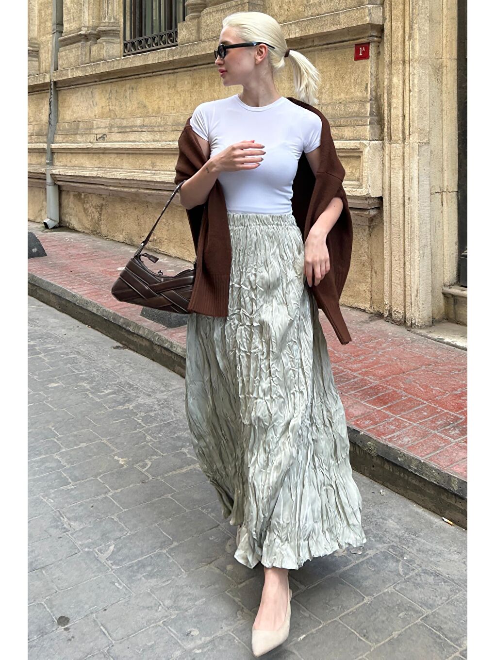 Parlak Mint Yeşili Kırışık Desen Kadın Etek Mg2290