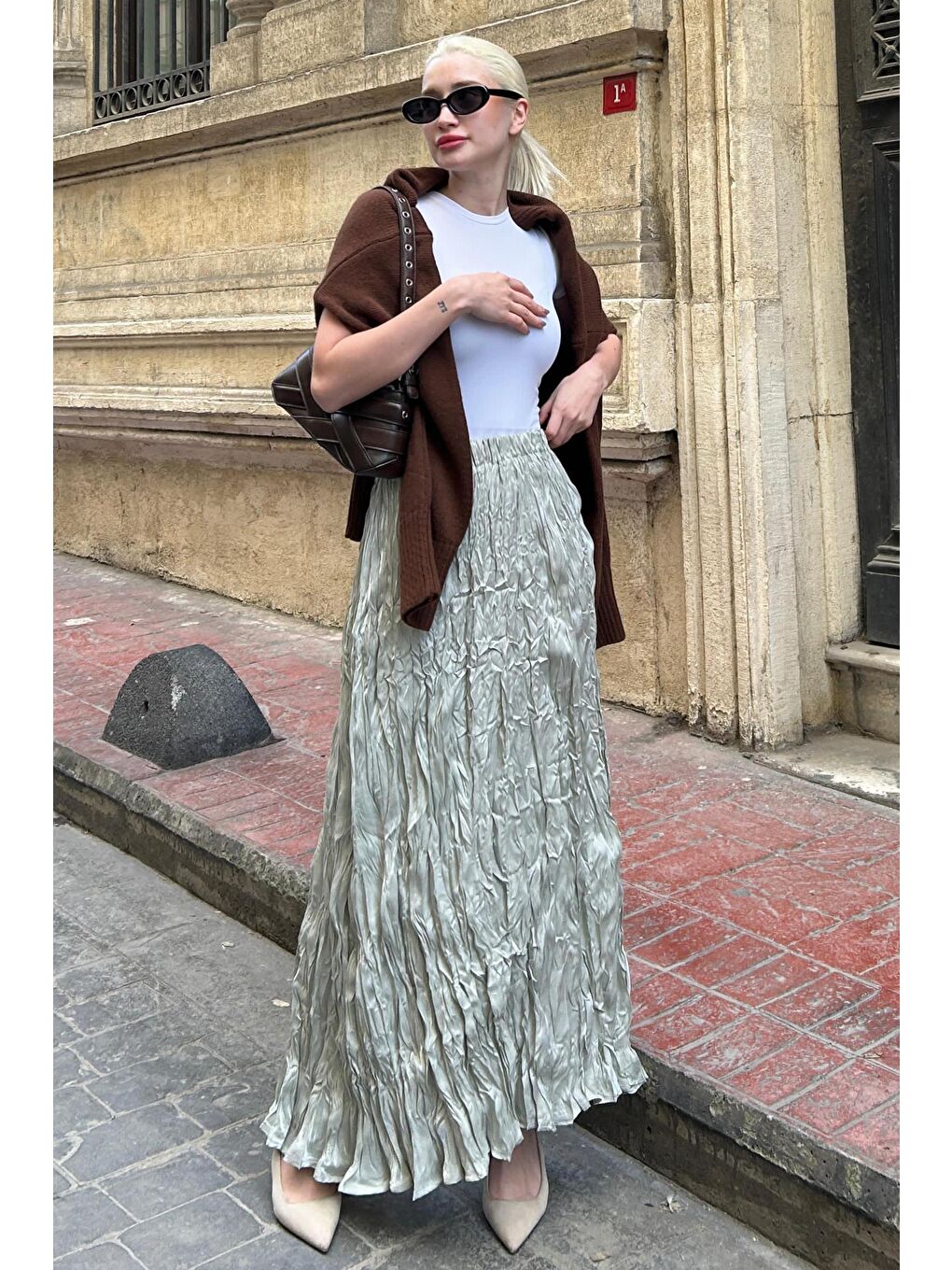 Parlak Mint Yeşili Kırışık Desen Kadın Etek Mg2290-1