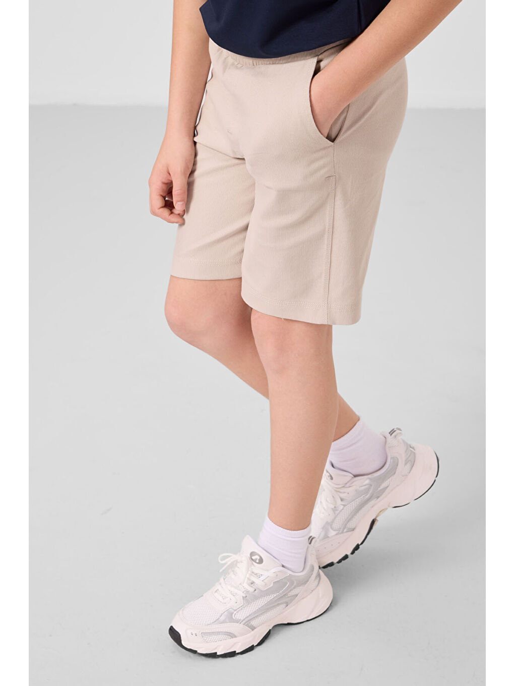 Lacivert-Taş Pamuklu Oversize Fit Dokuma Hafif Esnek Chino Erkek Çocuk Şort Takım - 11279-2