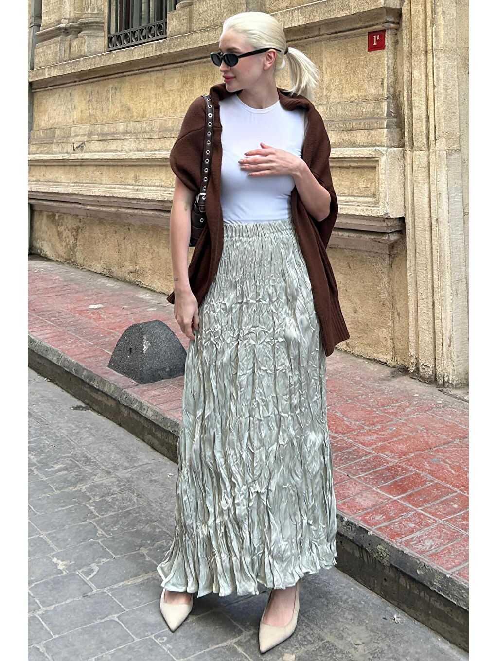 Parlak Mint Yeşili Kırışık Desen Kadın Etek Mg2290-2