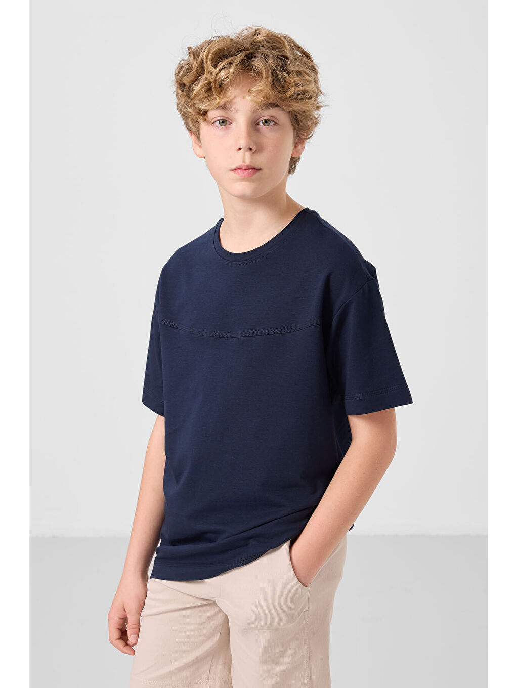 Lacivert-Taş Pamuklu Oversize Fit Dokuma Hafif Esnek Chino Erkek Çocuk Şort Takım - 11279-3