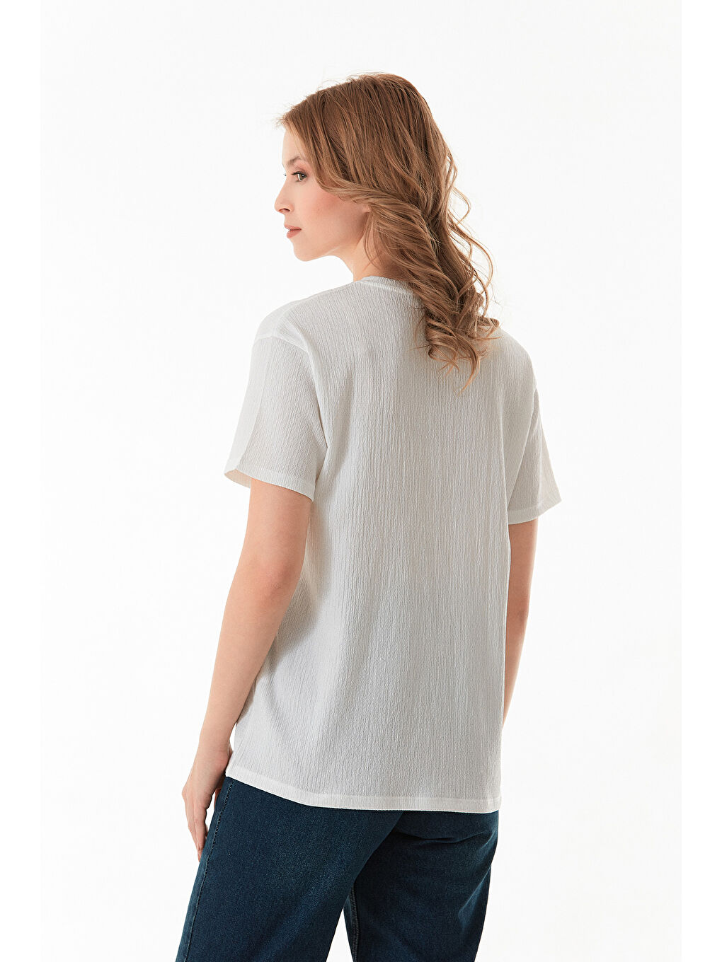 Beyaz Basic Bürümcük Kumaş Tişört-2