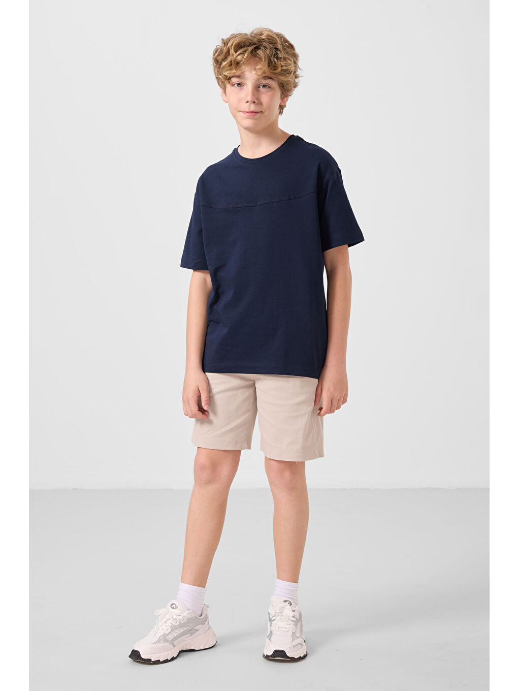 Lacivert-Taş Pamuklu Oversize Fit Dokuma Hafif Esnek Chino Erkek Çocuk Şort Takım - 11279-4