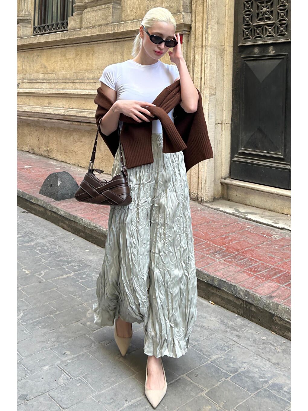 Parlak Mint Yeşili Kırışık Desen Kadın Etek Mg2290-3