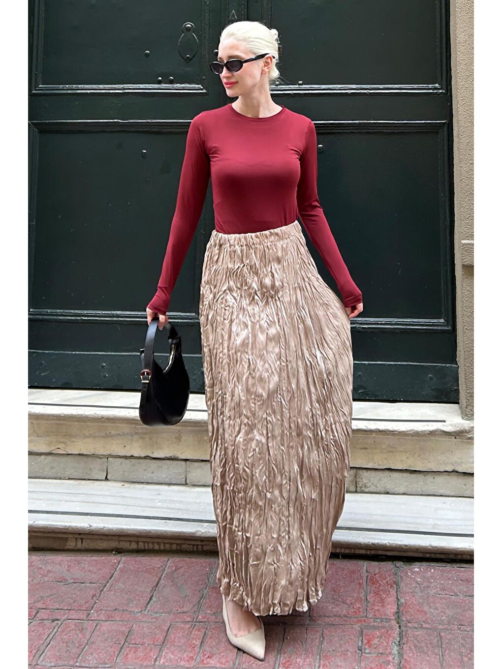 Bej Parlak Camel Kırışık Desen Kadın Etek Mg2290