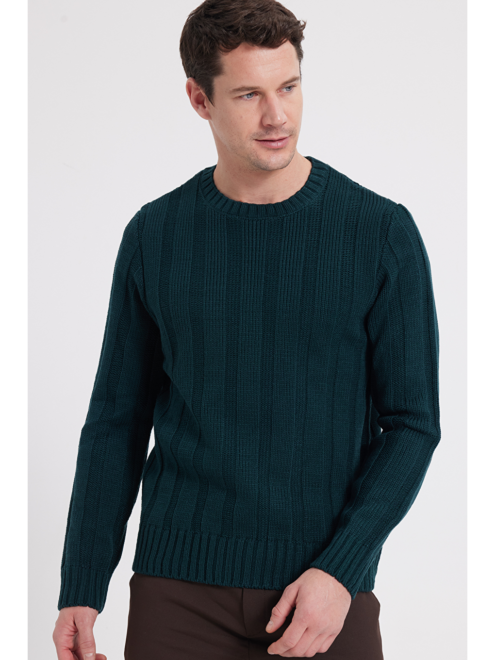 Erkek Standart Fit Normal Kesim Bisiklet Yaka Desenli Yeşil Kazak-6