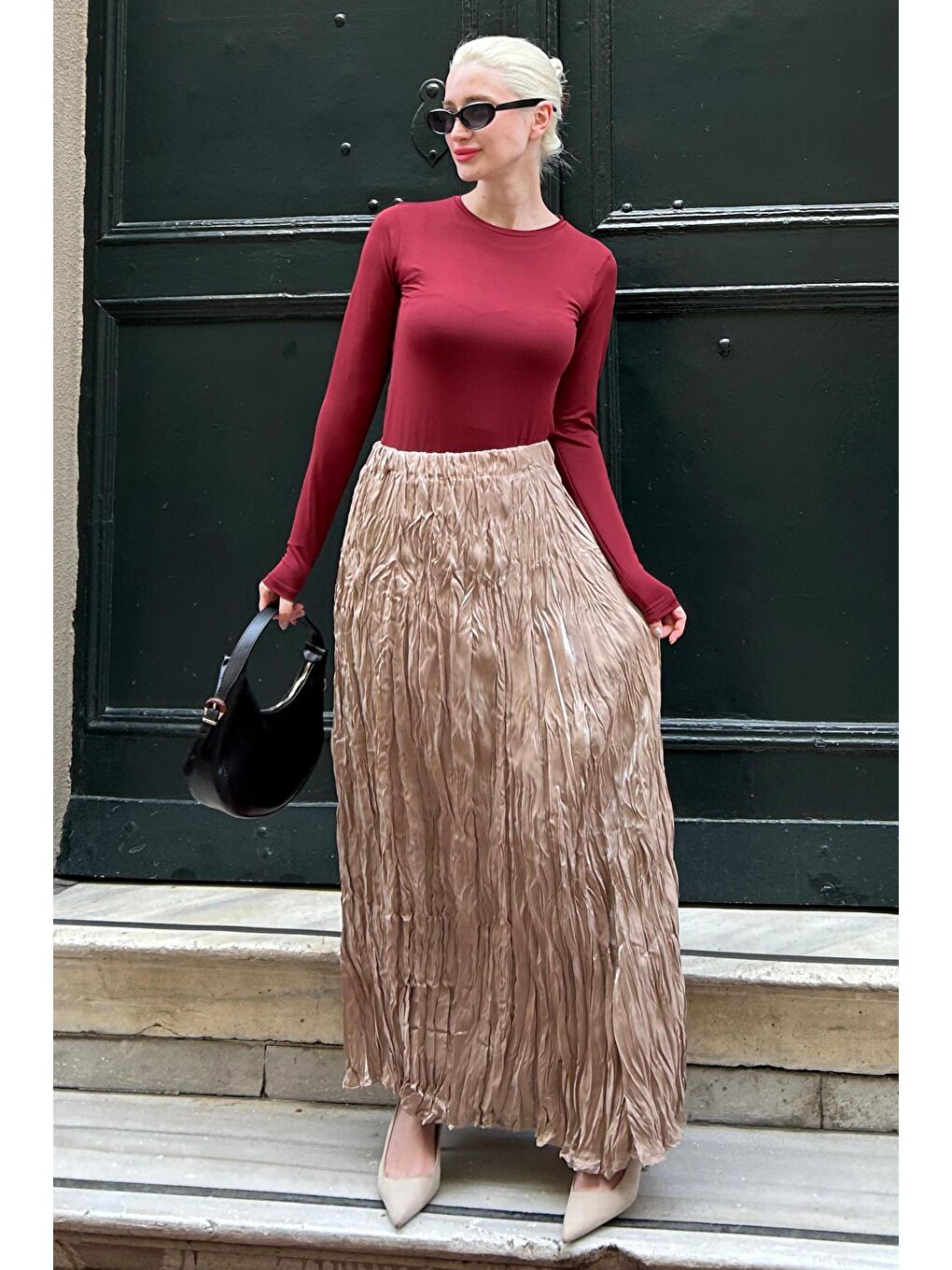 Bej Parlak Camel Kırışık Desen Kadın Etek Mg2290-1