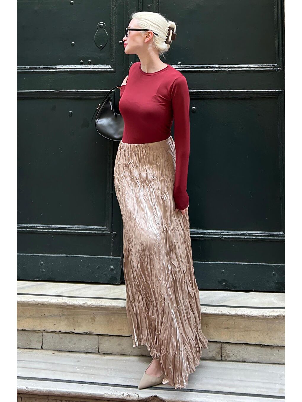 Bej Parlak Camel Kırışık Desen Kadın Etek Mg2290-2