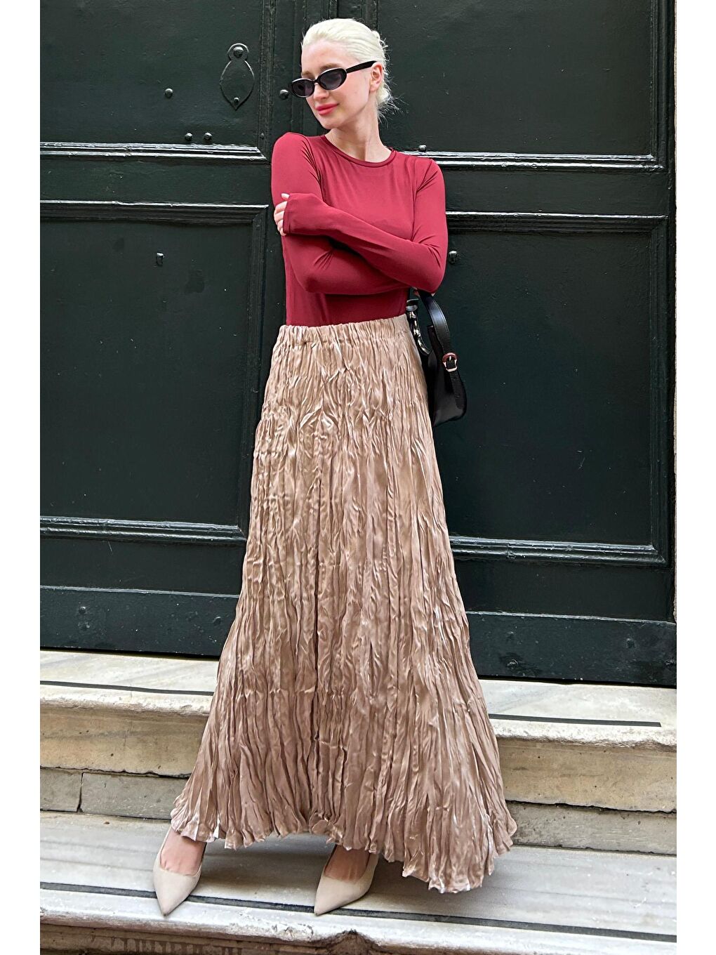 Bej Parlak Camel Kırışık Desen Kadın Etek Mg2290-3