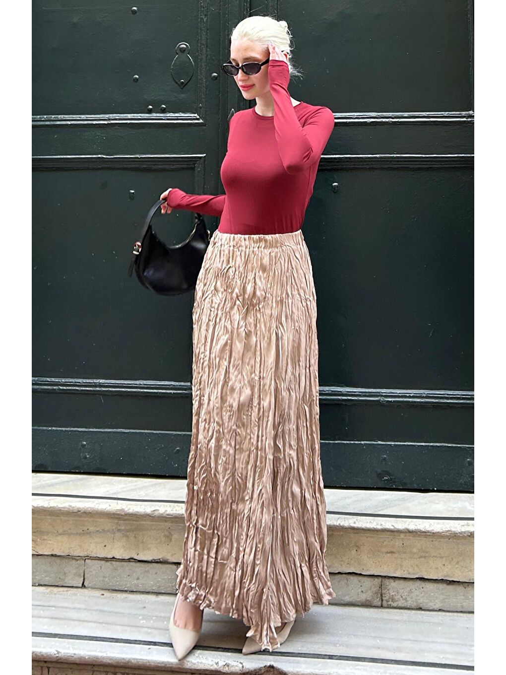 Bej Parlak Camel Kırışık Desen Kadın Etek Mg2290-4