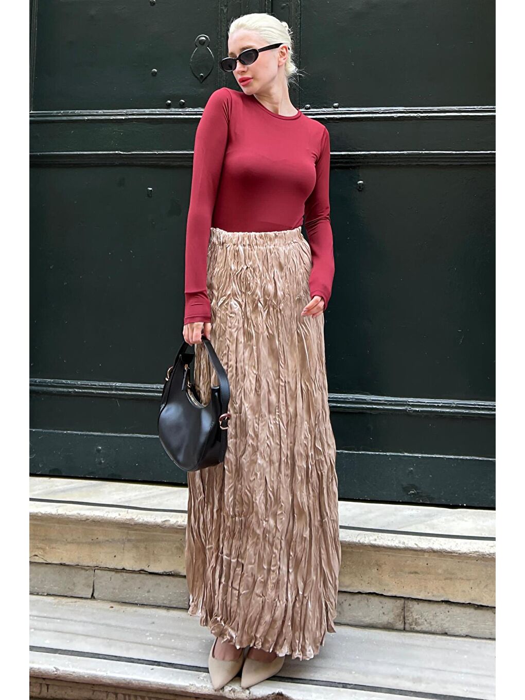 Bej Parlak Camel Kırışık Desen Kadın Etek Mg2290-5