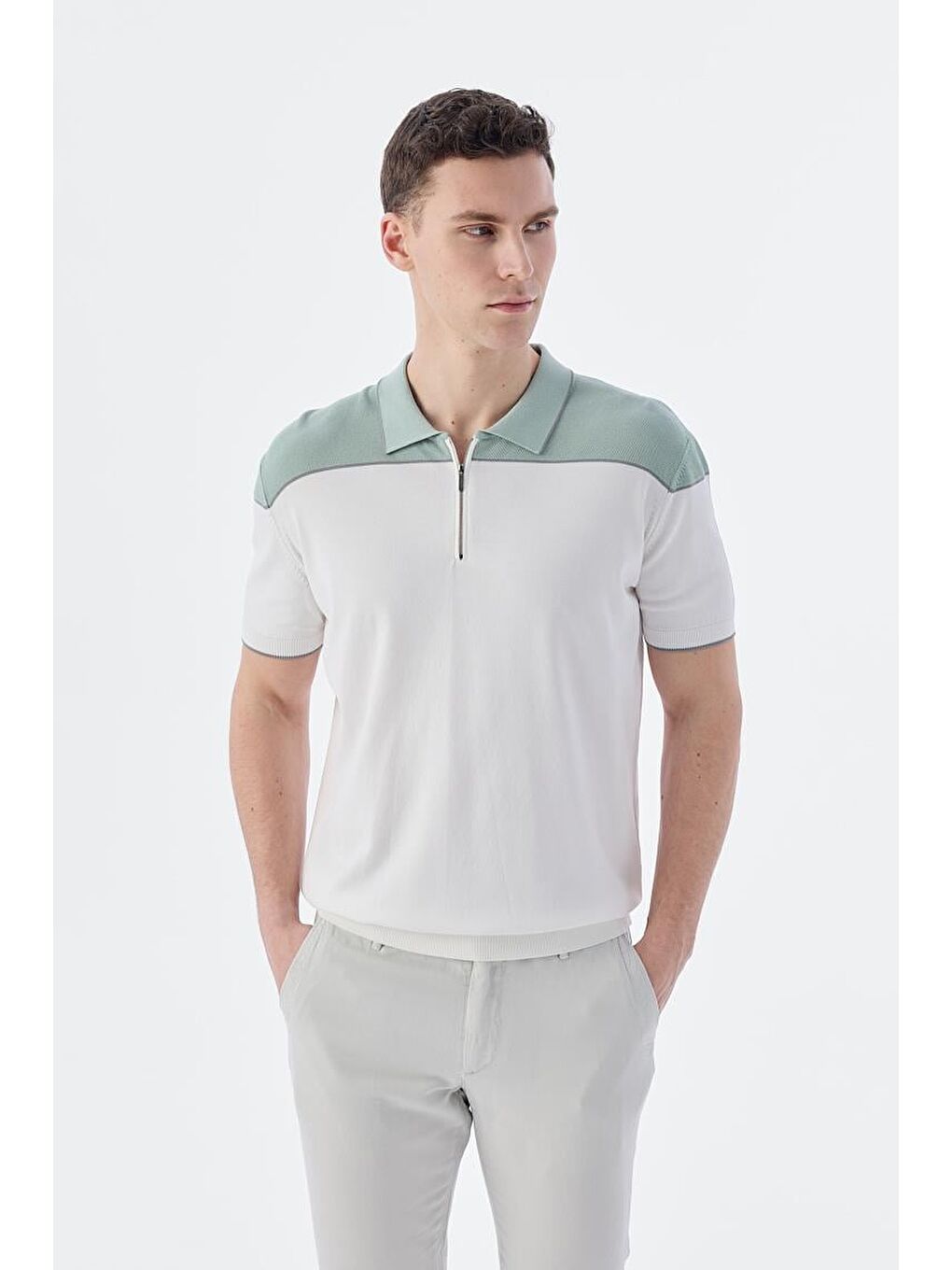 Yeşil Mint Beyaz Slim Fit Fermuarlı Polo Yaka T-Shirt