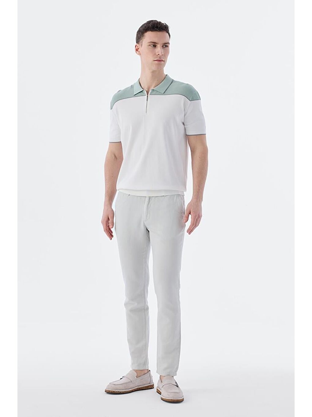 Yeşil Mint Beyaz Slim Fit Fermuarlı Polo Yaka T-Shirt-1