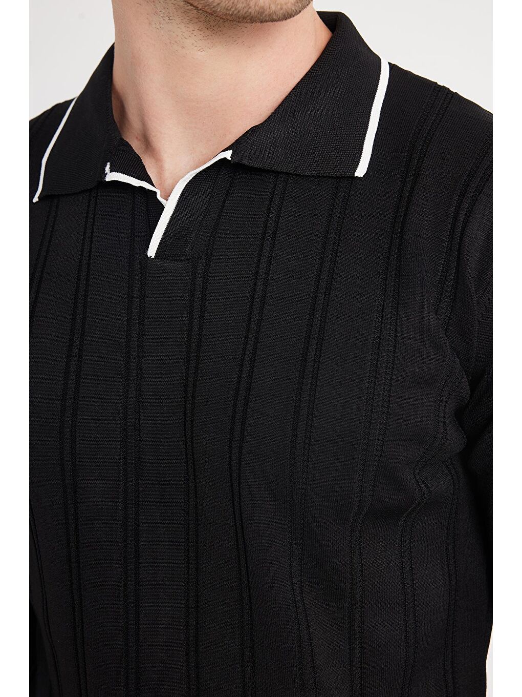 Erkek Slim Fit Dar Kesim Çizgi Detaylı Siyah Polo Yaka Kazak-2