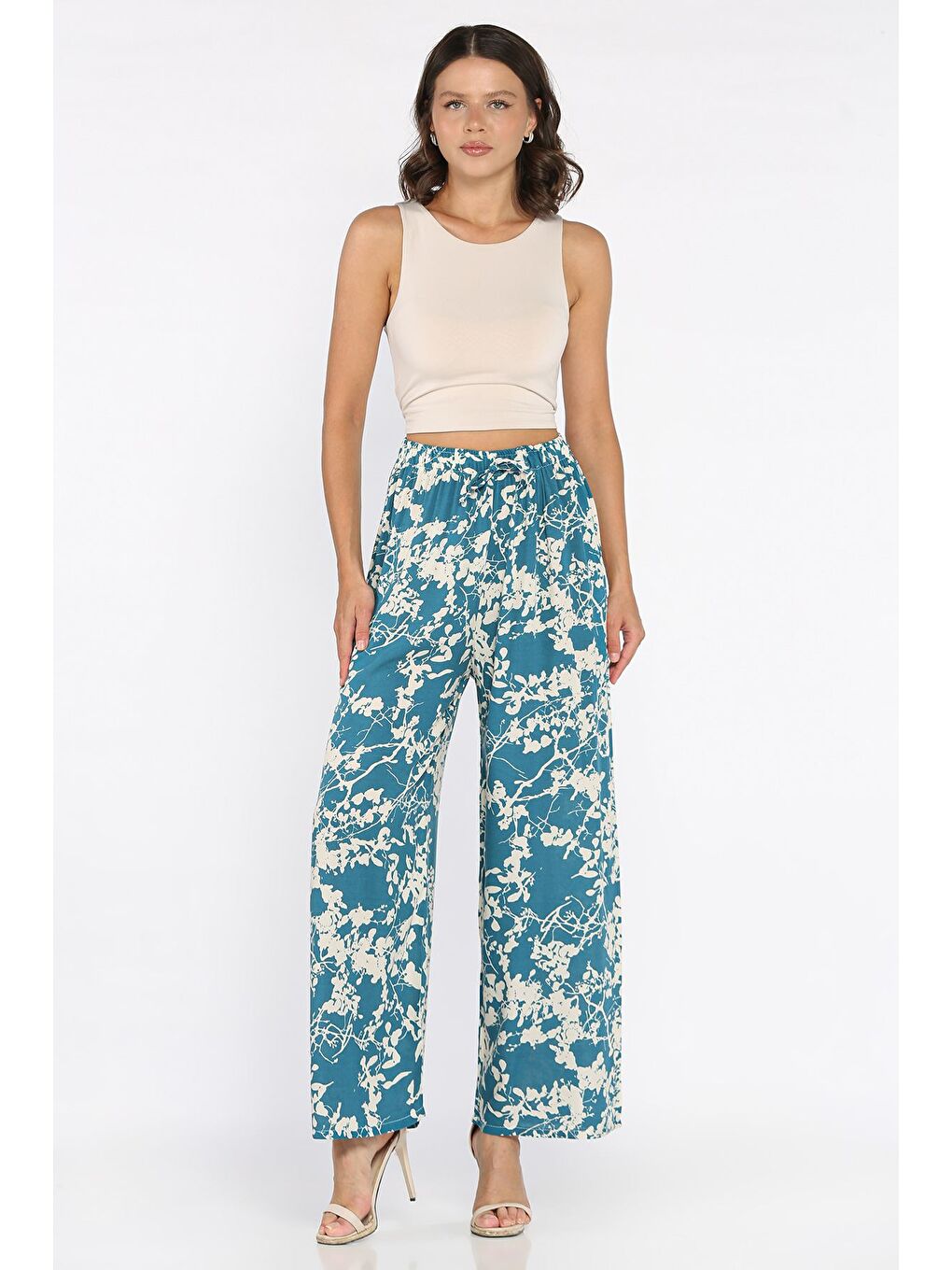 Petrol Bel Lastikli Bol Paça Kadın Viskon Yürüyüş Pantolonu