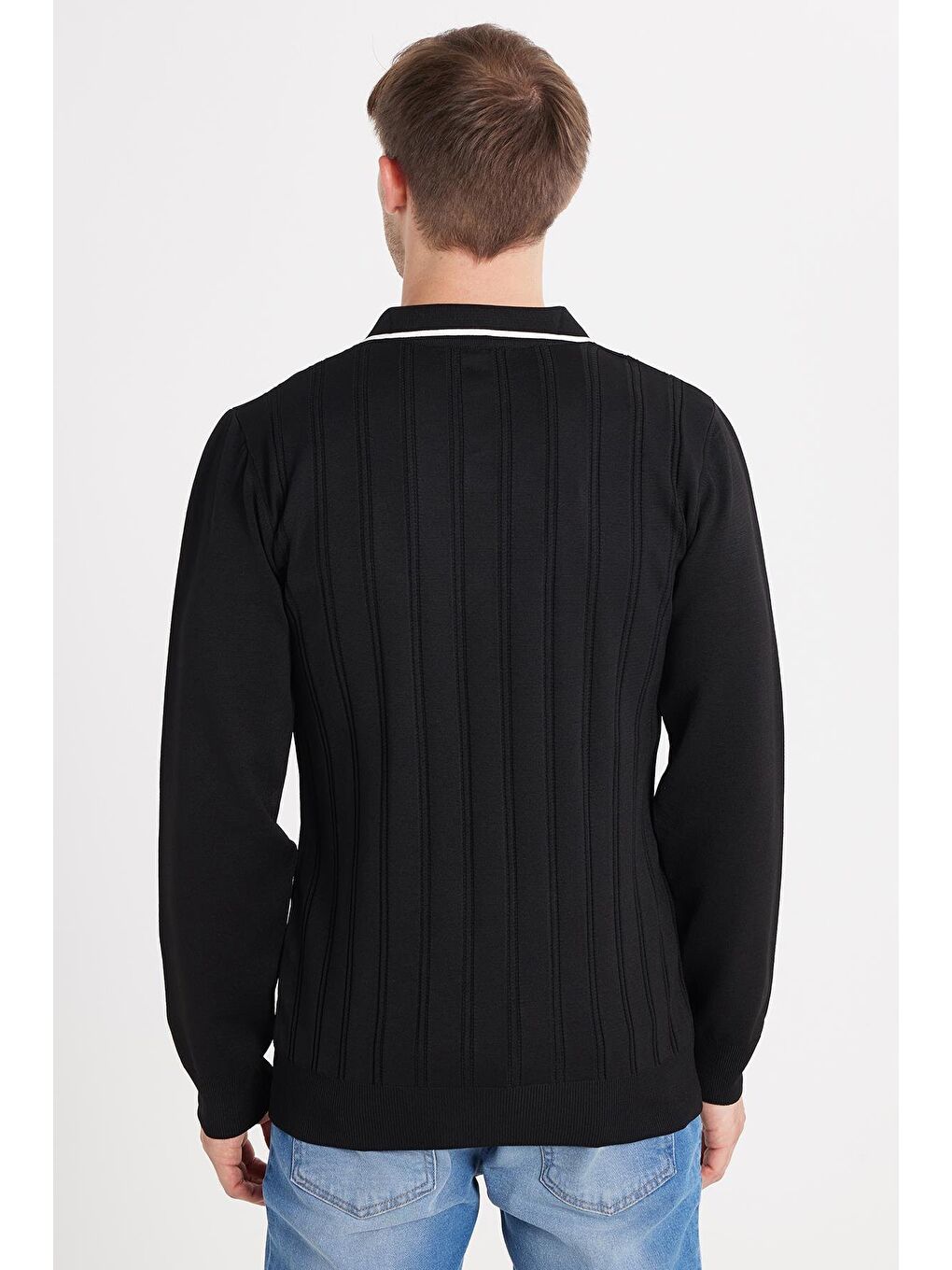 Erkek Slim Fit Dar Kesim Çizgi Detaylı Siyah Polo Yaka Kazak-4