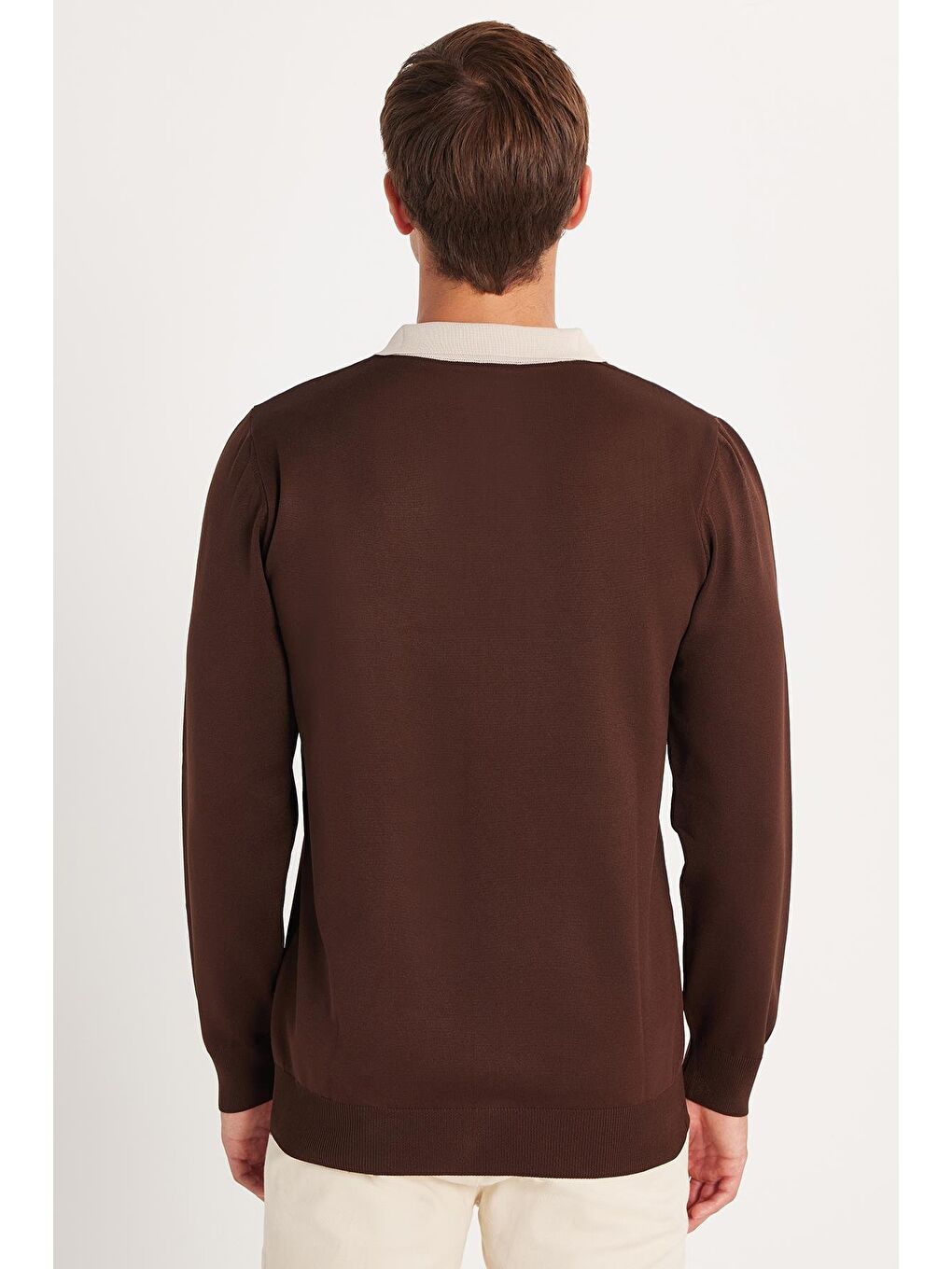 Erkek Standart Fit Uzun Kol Yarım Fermuarlı Polo Yaka Kahverengi Kazak-4