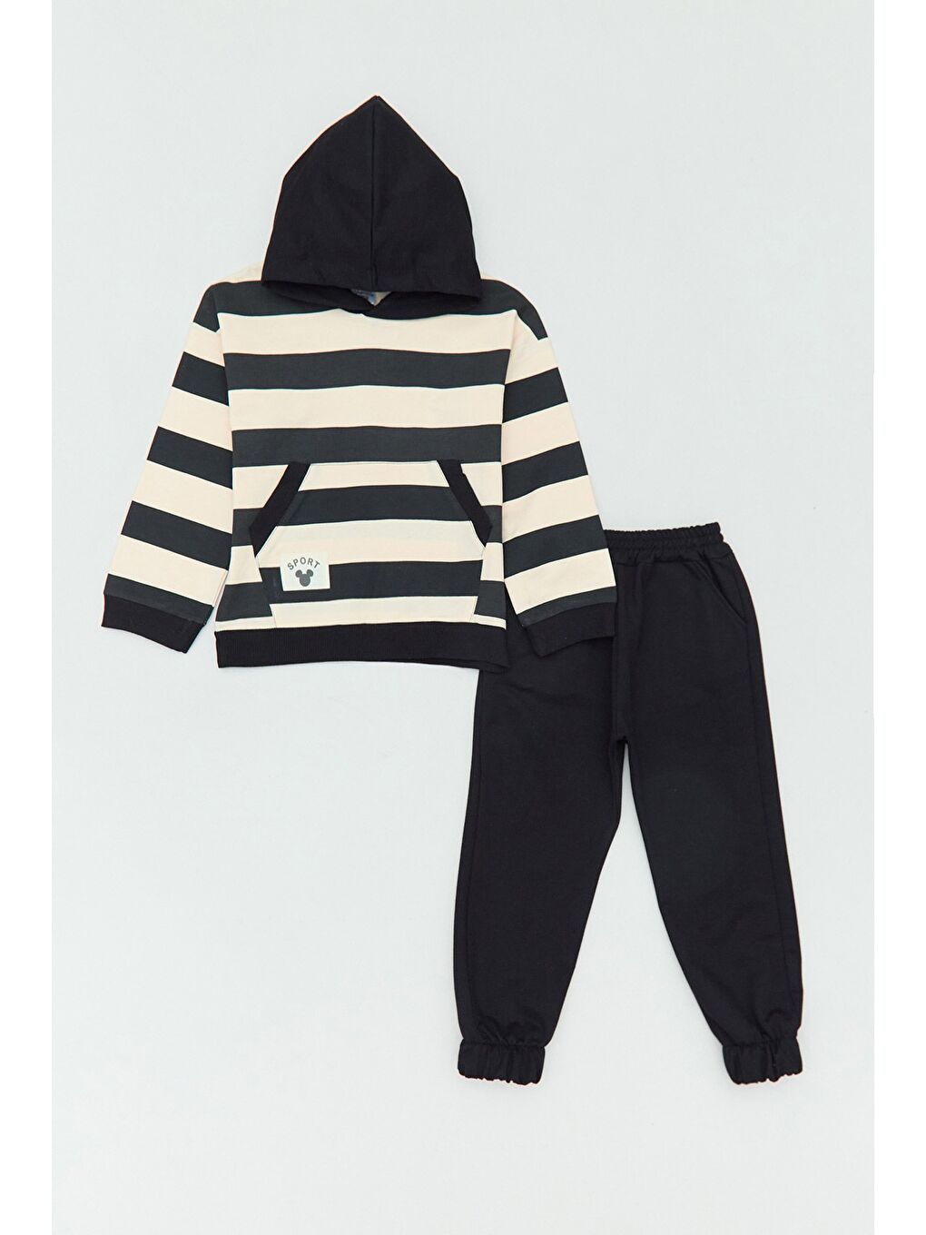 Siyah Çizgili Kanguru Cepli Jogger 2 Li Erkek Çocuk Eşofman Takımı