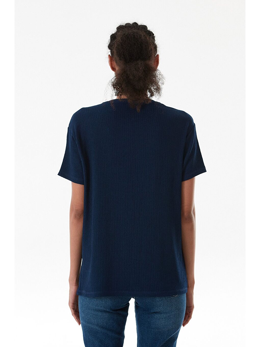 Lacivert Ayıcık Nakışlı Bürümcük Kumaş Oversize Tişört-2