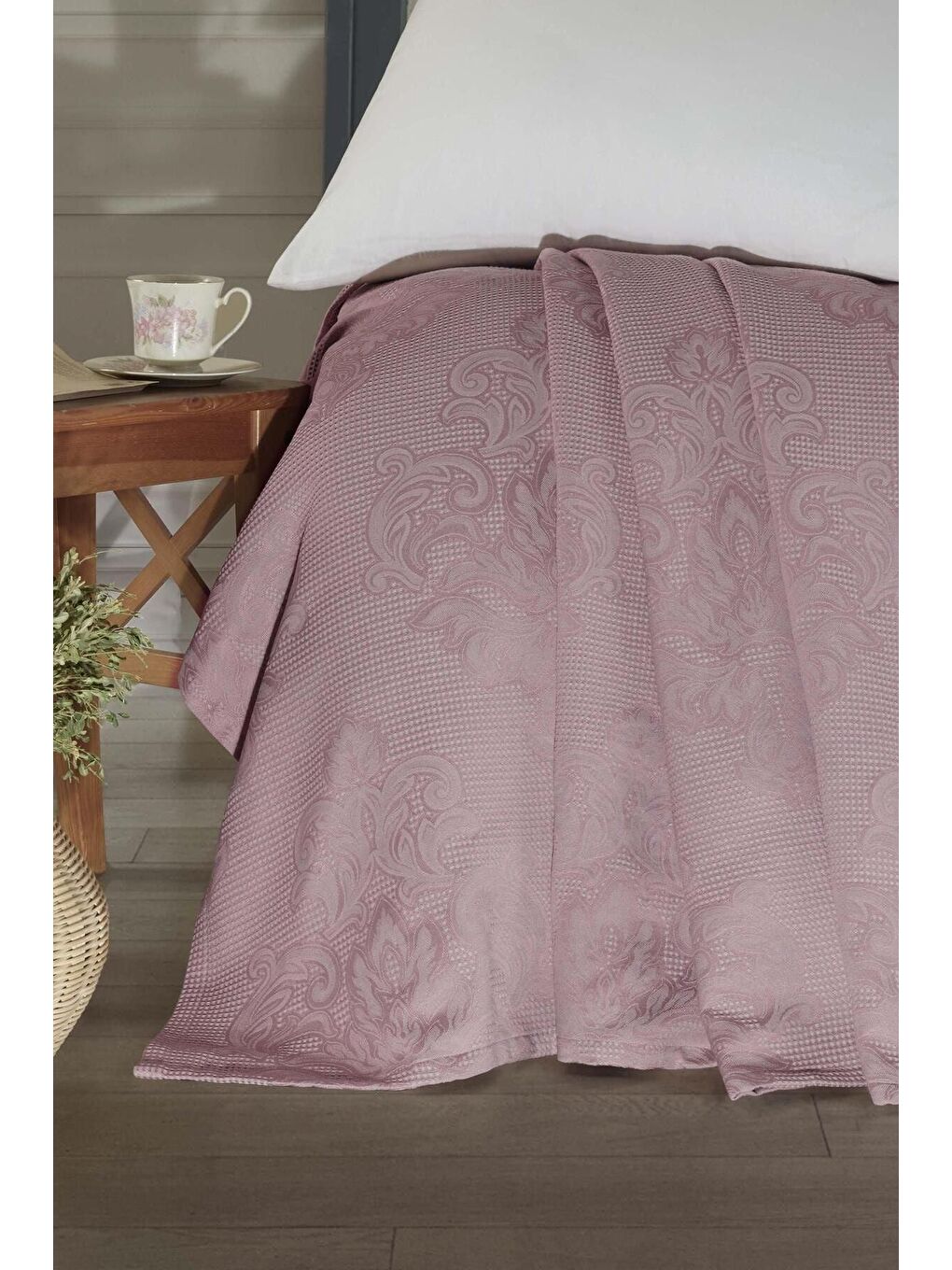 Pembe Jakarlı Bambu Çift Kişilik Pike Balder Pudra-1