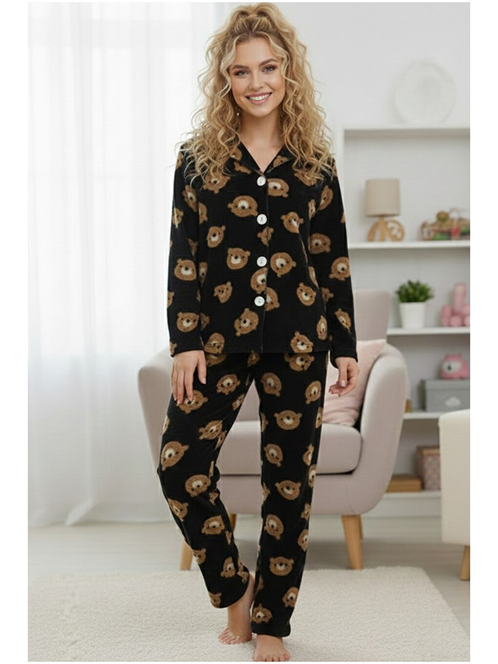 Siyah Ayıcık Desenli Düğmeli Wellsoft Pijama Takım 7922-1