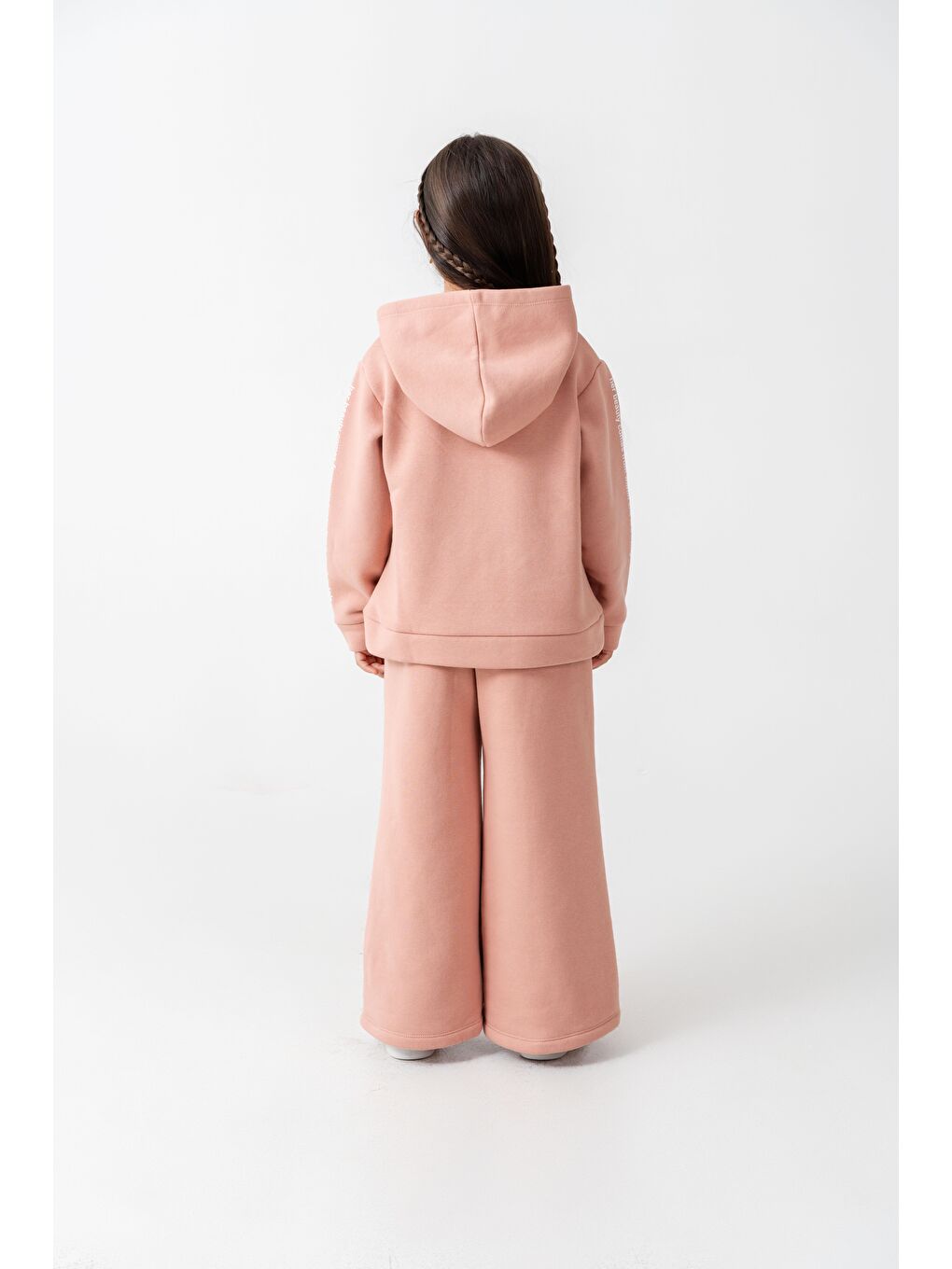 Pembe Kız Çocuk Pamuklu Pudra Kapüşonlu Sweatshirt Ve Bol Paça Eşofman Takım-5