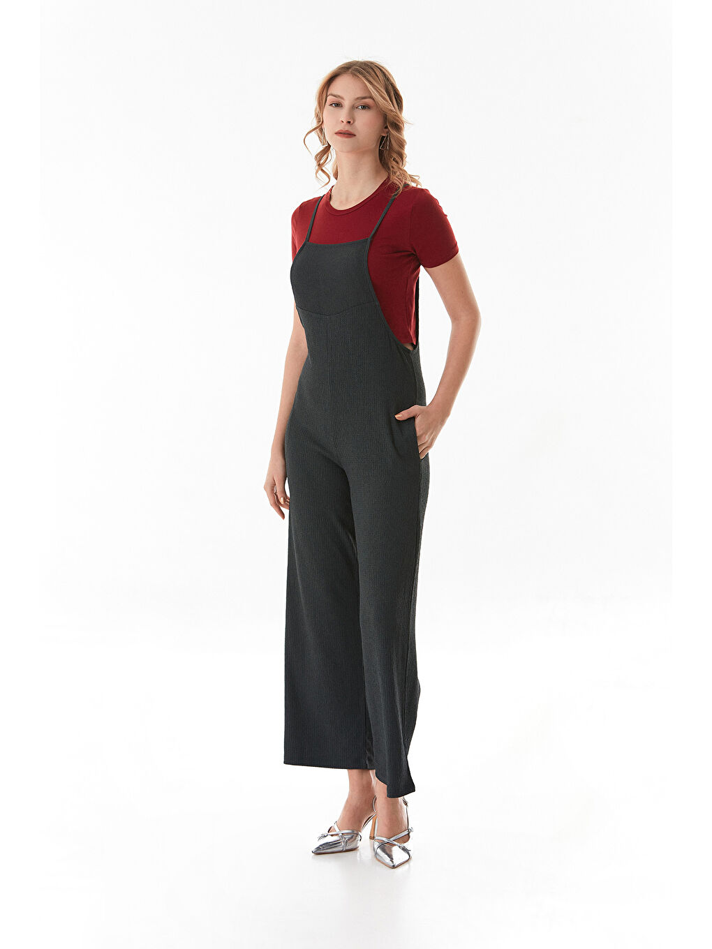 Antrasit Krep Kumaş İp Askılı Tulum-1