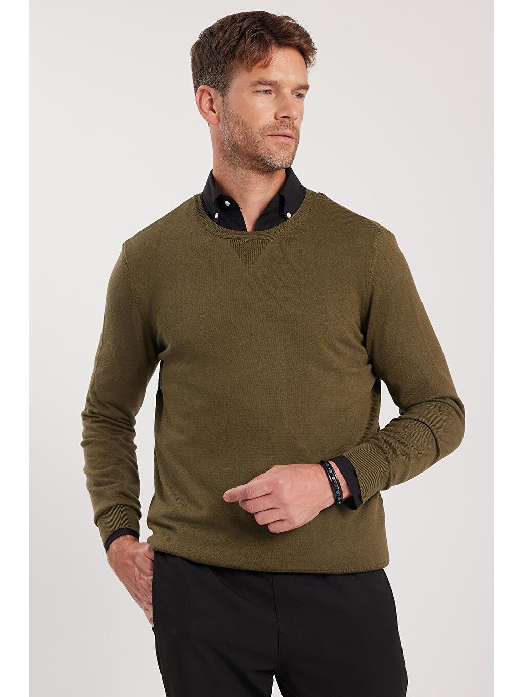 Erkek Standart Fit Normal Kesim Bisiklet Yaka Haki Triko Kazak-1