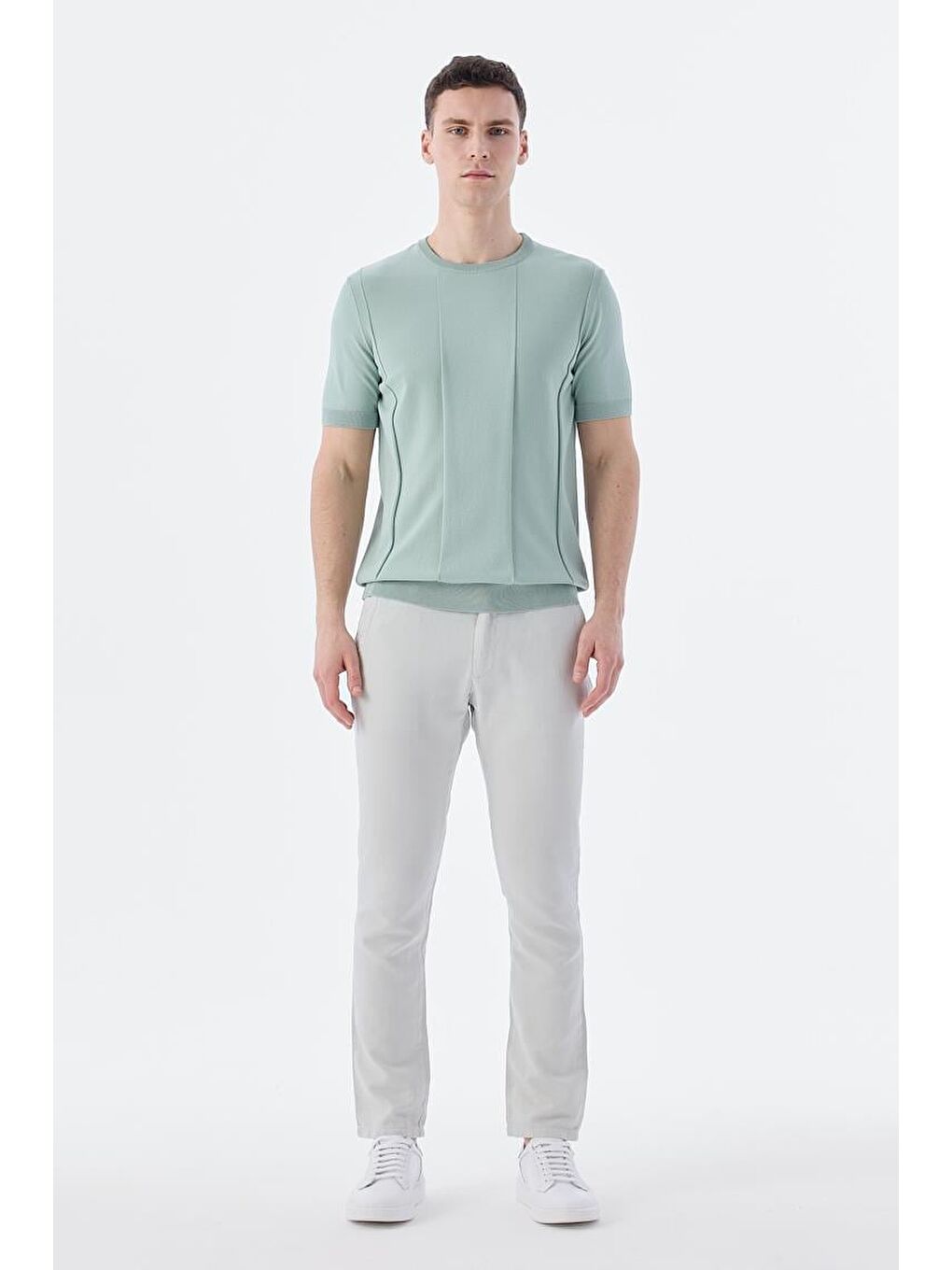 Yeşil Mint Slim Fit Bisiklet Yaka Triko T-Shirt-1